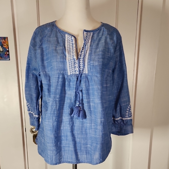 Talbots Blue Boho Blouse with Tassels - Picture 1 of 4